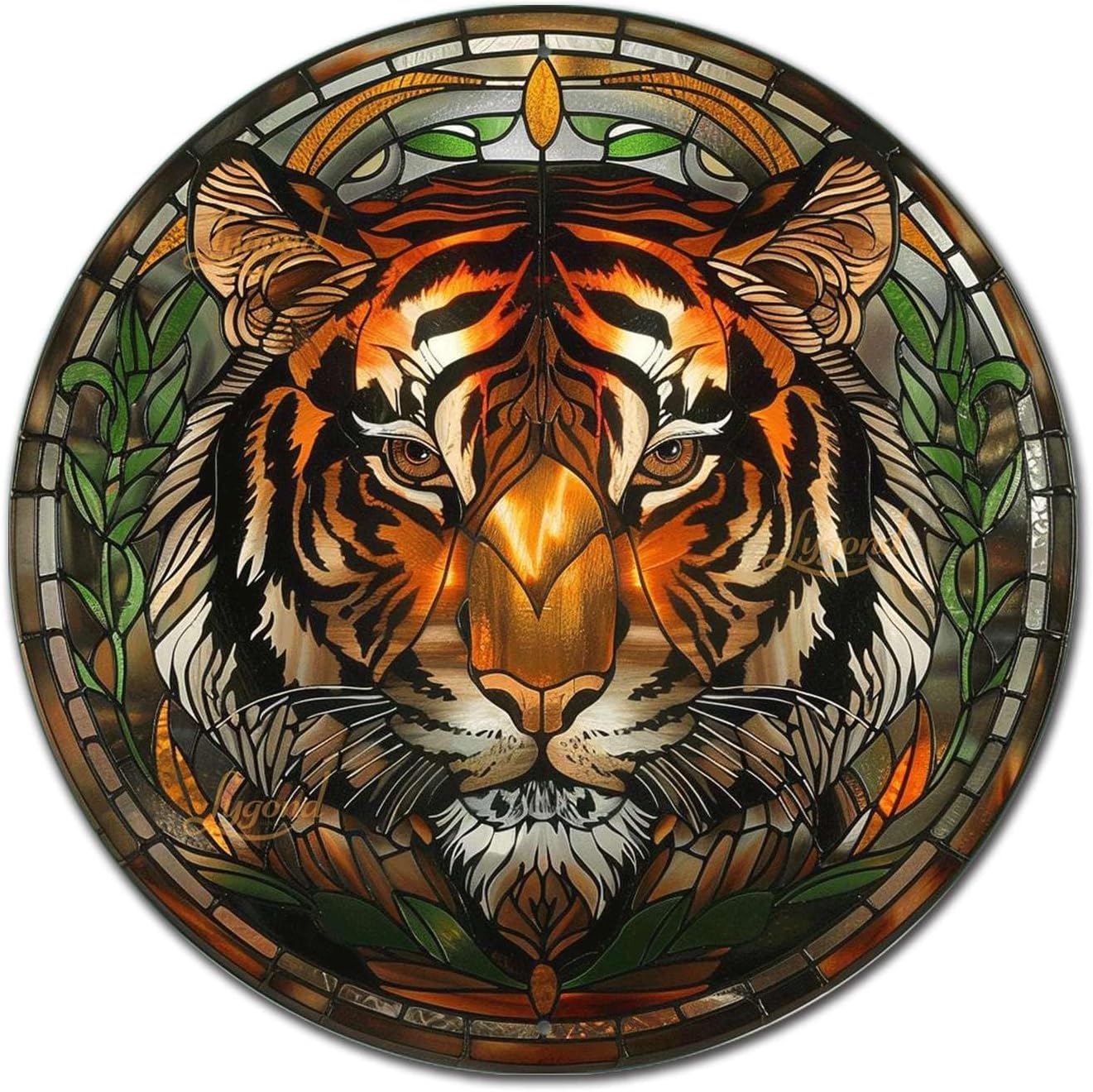 Lygond Metal Sign Tin Sign Circular Stained Glass Tigle Minimalist Wall Art for Home Decor 8×8 Inches