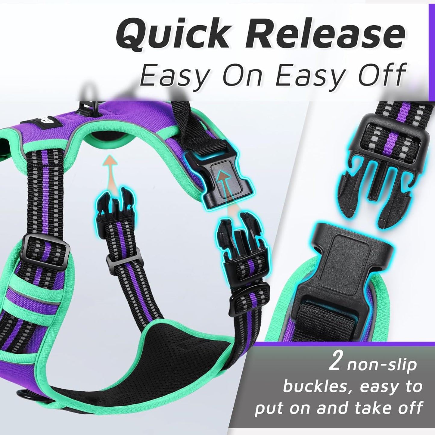 Eagloo Dog Harness Small Sized Dog, No Pull Service Vest with Reflective Strips and Control Handle, Adjustable and Comfortable for Walking, No Choke Pet Harness with 2 Metal Rings, Purple & Green, S