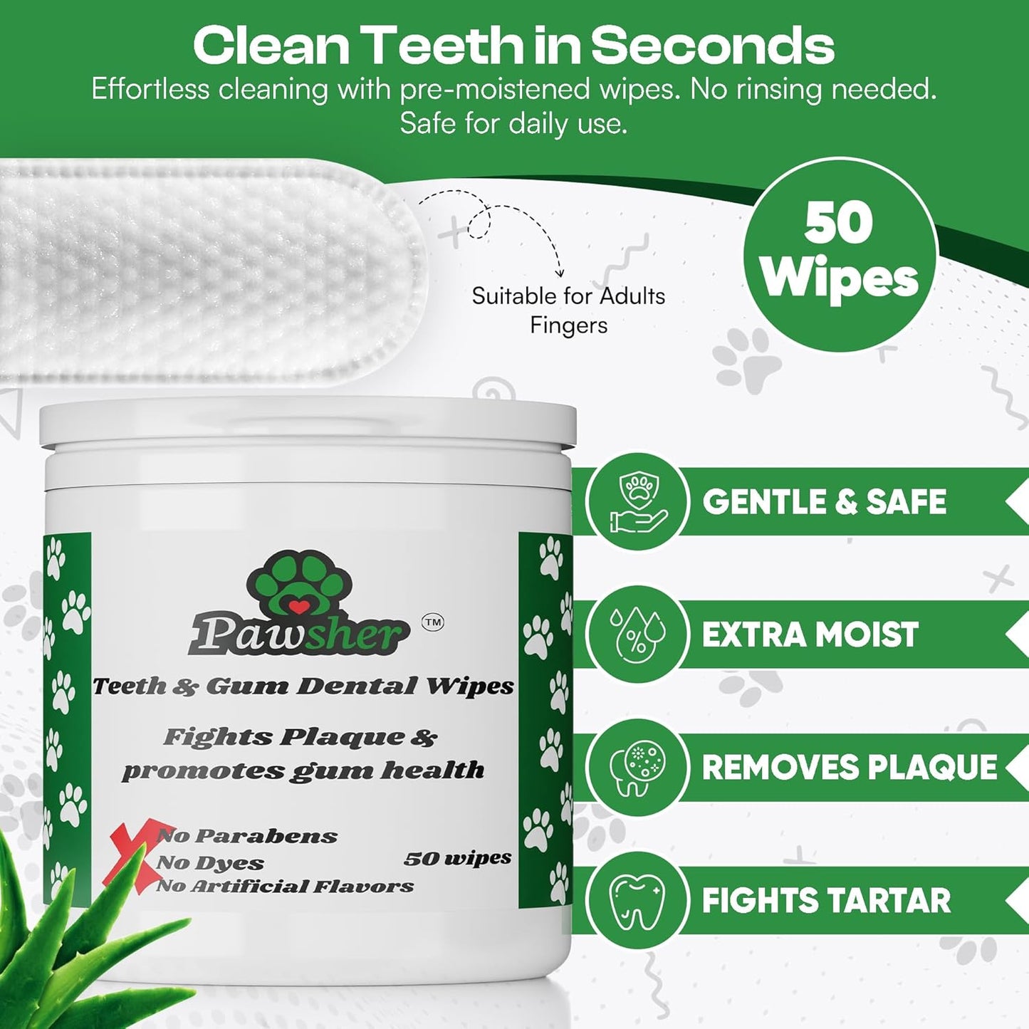Dog Teeth Cleaning Wipes, Fights Plaque, Freshens Breath & Promotes Gum Health, No-Rinse Finger Toothbrush, Gentle & Naturally Safe, Completes Your Dog Tooth Brushing Kit, 50 Count