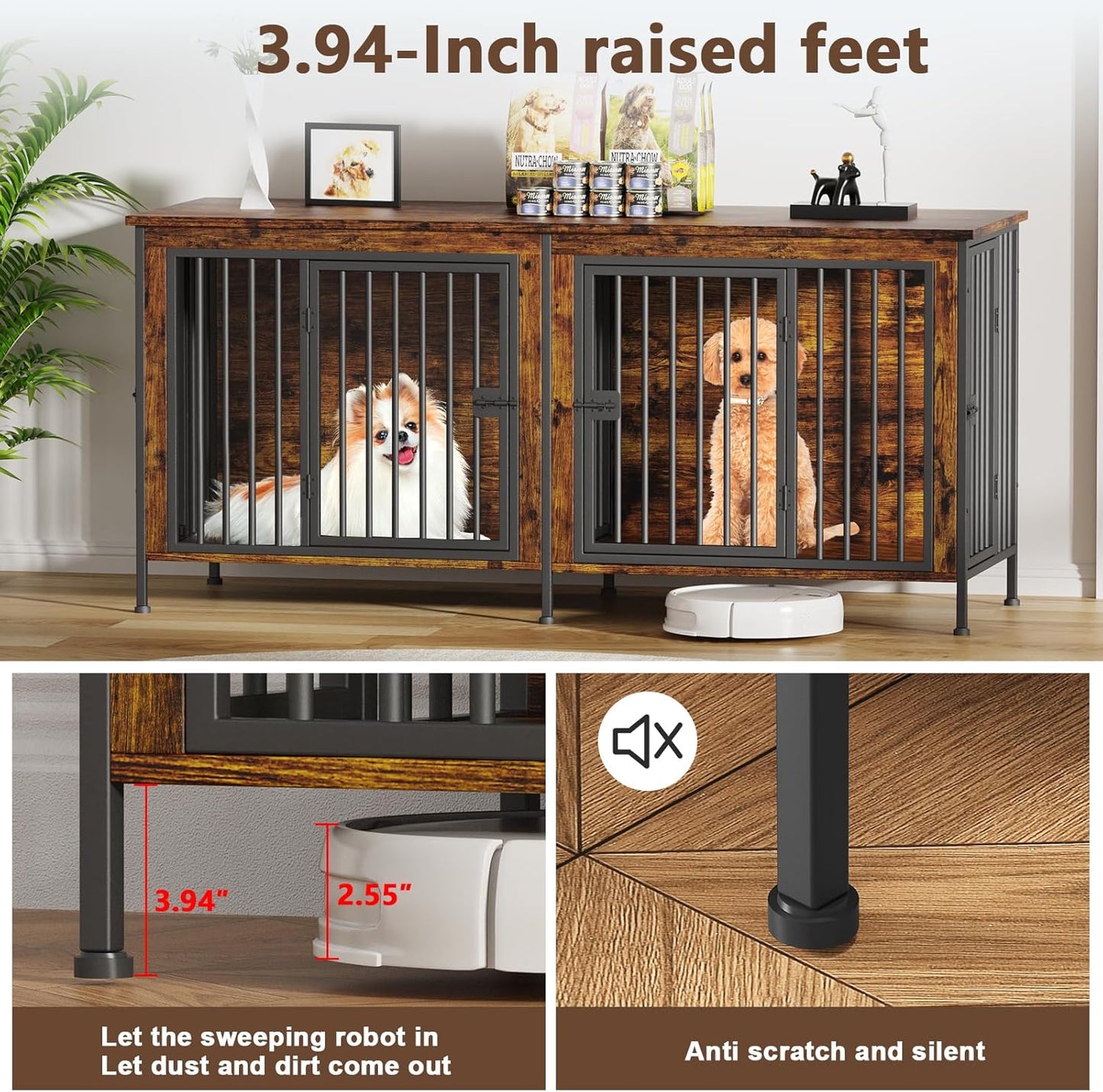 EasyCom 63" Dog Cage Furniture for 2 Pets with Divider, XL Wooden Double Dog Crate Furniture TV Stand for Mideum Breed, Durable and Sturdy