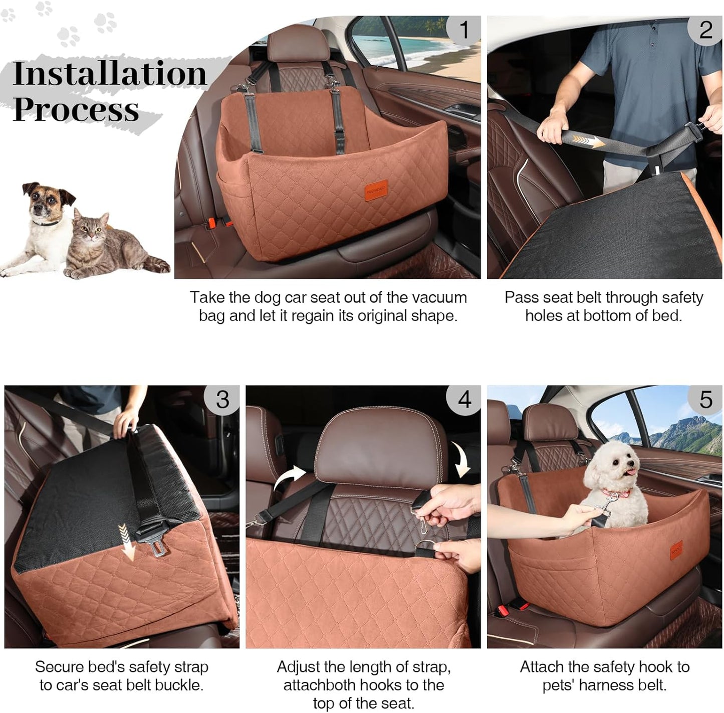 Dog Car Seat for Medium & Large Dogs Up to 55lbs, Memory Foam Cushion, Washable Cover, Safety Straps & Non-Slip Base (Brown, Large)