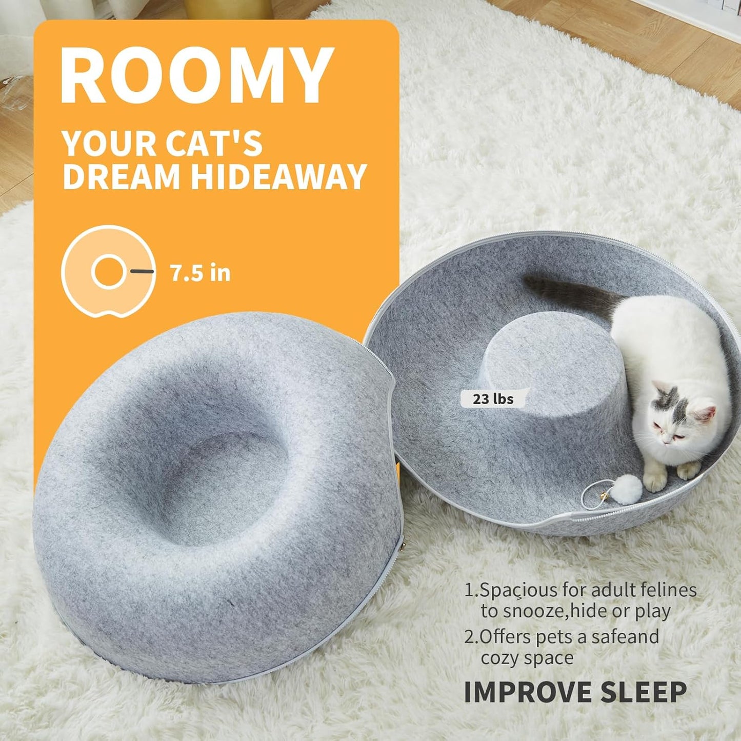 Jia Xi Cat Tunnel and Bed Combo - Donut Cat Condo & Cave, Universal for All Seasons (24 in * 24 in * 11 in), Light Grey