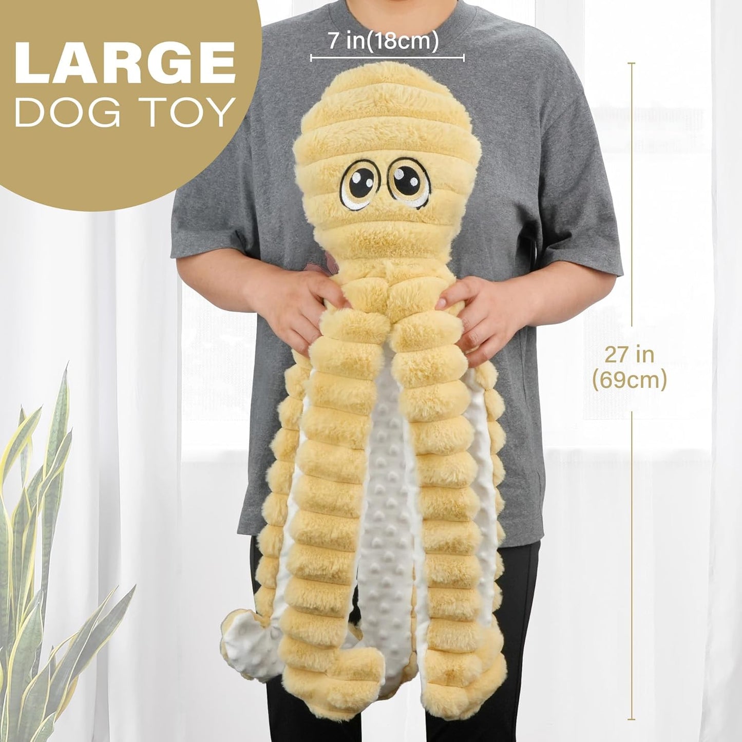 Prime Pets Dog Toys for Large Dogs, 27” Extra Large Plush Octopus Dog Toy, Crinkle Squeaky Dog Toys for Small Medium Large Dogs, Tug of War Dog Chew Toy, Yellow