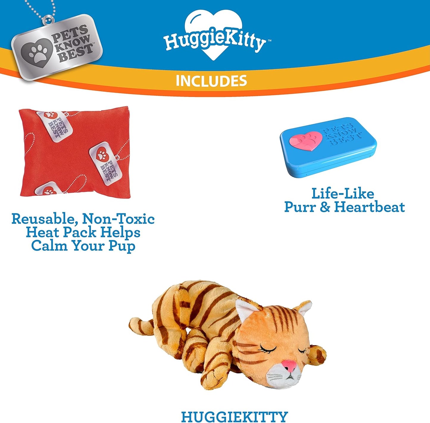 Pets Know Best HuggieKitty | Comfort Purring Companion with Heartbeat Sleep Aide for Cats & Kittens, Heating for Calming Relief, Carrier & Behavioral Training Essential, Breeds, Orange