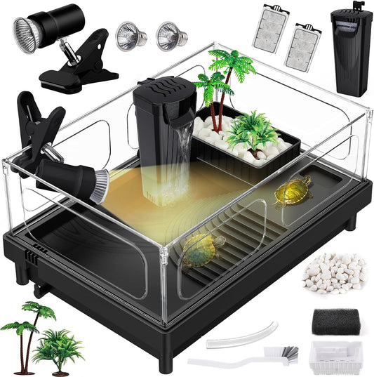 Small Turtle Tank Kit, Acrylic Turtle Tank Starter Kit with Basking Platform, Bottom Drainage, Multi-Function Areas for Turtles, Crabs, Crayfish, Small Reptiles. (Black Kit)
