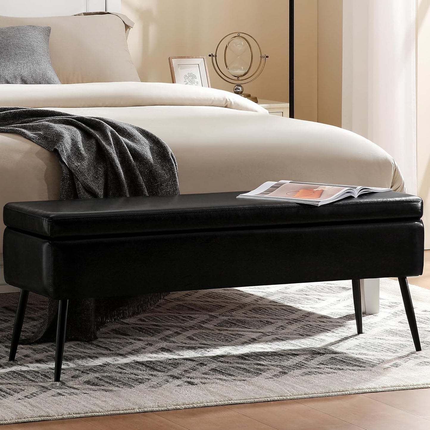Leather Storage Ottoman Bench,End of Bed Bench for Living Room Bedroom Dinning Room Entryway,Mid-Century Modern,Faux Leather,with Steel Legs,Safety Hinges,Loads 660 lb (Without Button, Black)