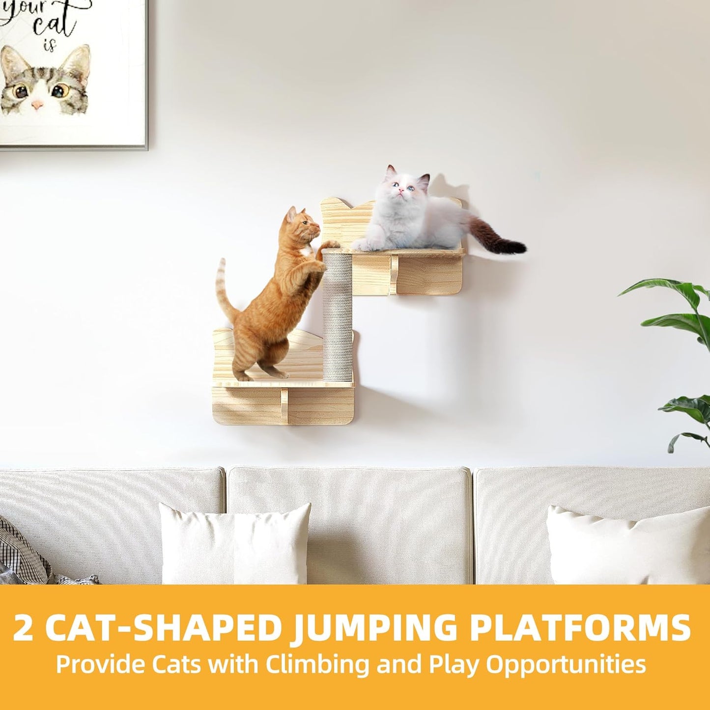 Cat Wall Shelves, Cat Wall Furniture Pine Wooden Feline Shelf, 5 Piece Shelves and Perches with Bed, House, Steps, Bridge Ladder and Scratching Post