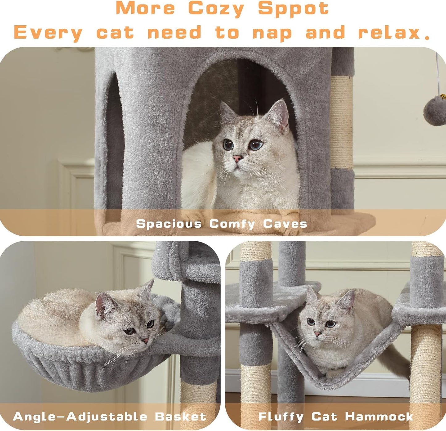 70-Inch Cat Tree,Large Cat Tree Tower with Hammock, Scratching Post, Condo and Multi-Level Cat Tower for Large Cats, Cat Activity Center Playhouse, Light Gray LCT016