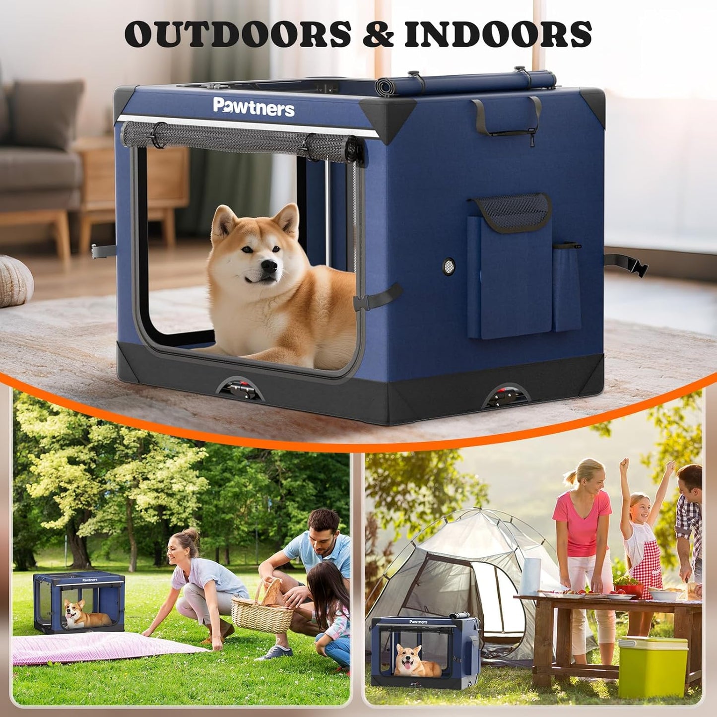 Collapsible Dog Crate: 30 Inch Foldable Soft Sided Dog Crate for Medium Dogs, Portable Dog Travel Kennel with Soft Mat for Indoors & Outdoors, Blue (30" L x 21" W x 21" H)