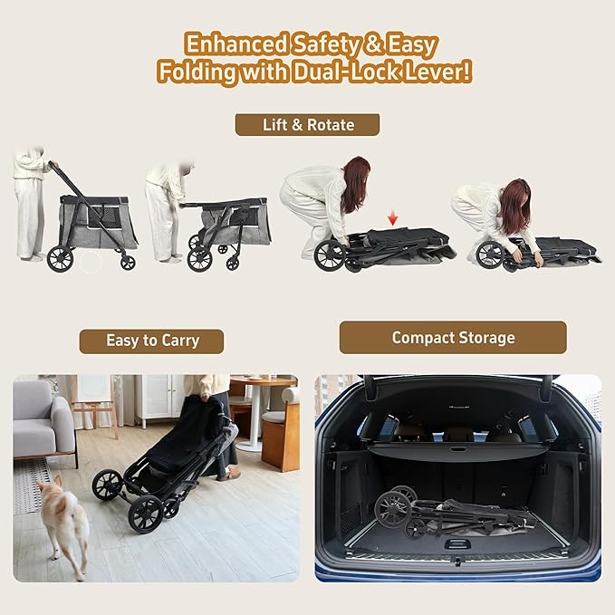 Medium Dog Stroller for Small to Large Dogs 4 Wheels Multi Pet Stroller for 4 Dogs Holds Up to 66lbs, One-Click Folding&Smooth Tires&Sunshade & Storage Basket (Gray, Medium)