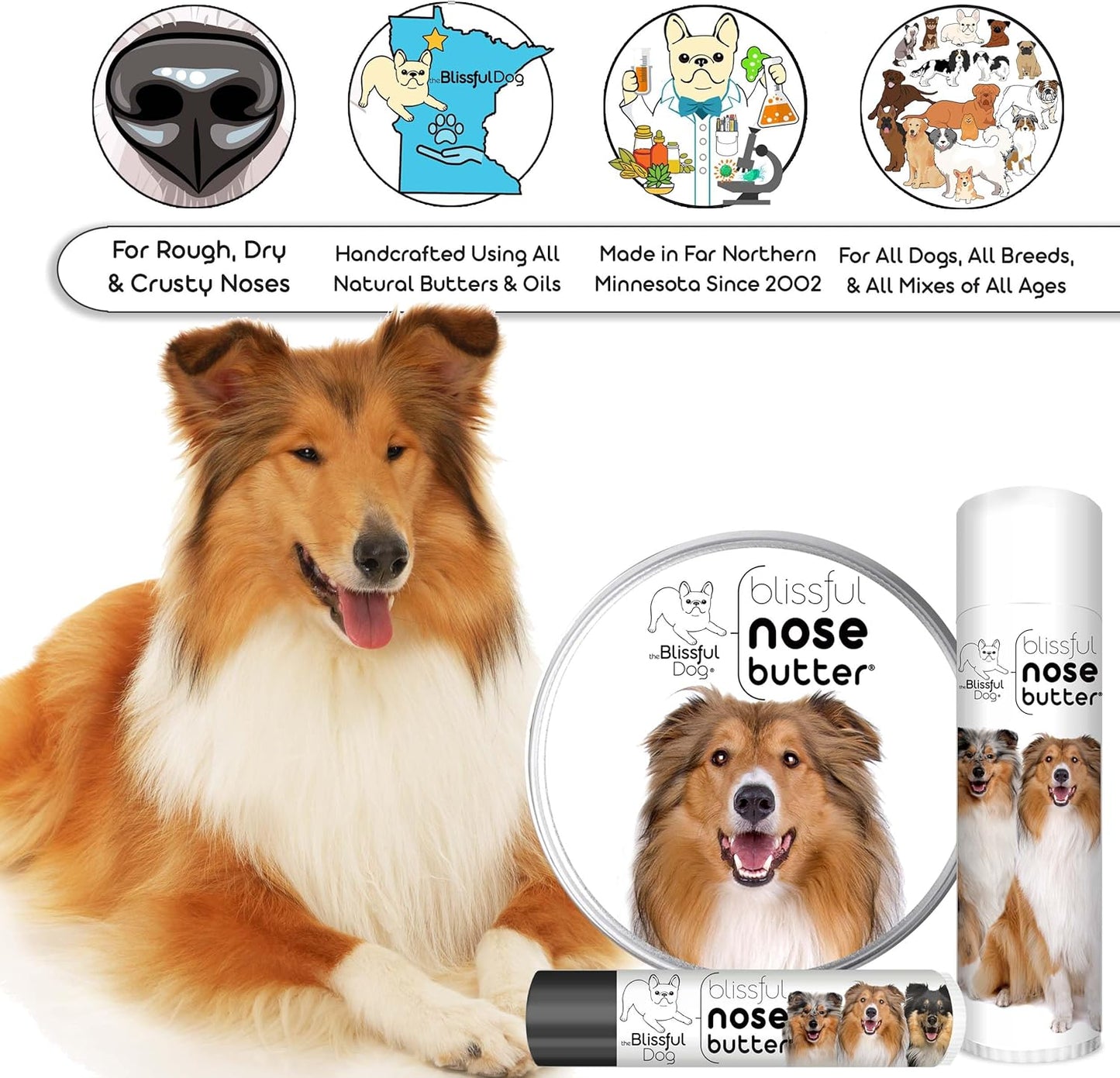 The Blissful Dog Collie Nose Butter for Dry, Cracked Skin, Lick-Safe Dog Nose Balm with Moisturizing Shea Butter, Almond, Olive, and Essential Oils, Pet Supplies, Uncented, 0.15 oz.