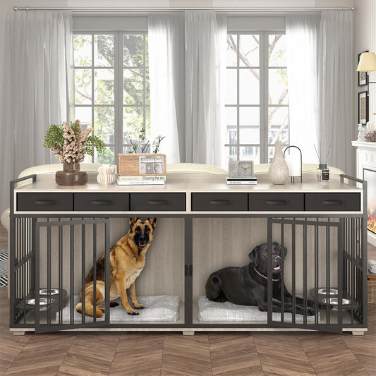 86.6inch Dog Crate Furniture with Storage,Furniture Style TV Stand Dog Kennel for 2 Dogs,with 6 Drawers,Removable Divider&Adjustable Bowls,Heavy Duty Metal Chew-Resistant Dog Crate Furniture