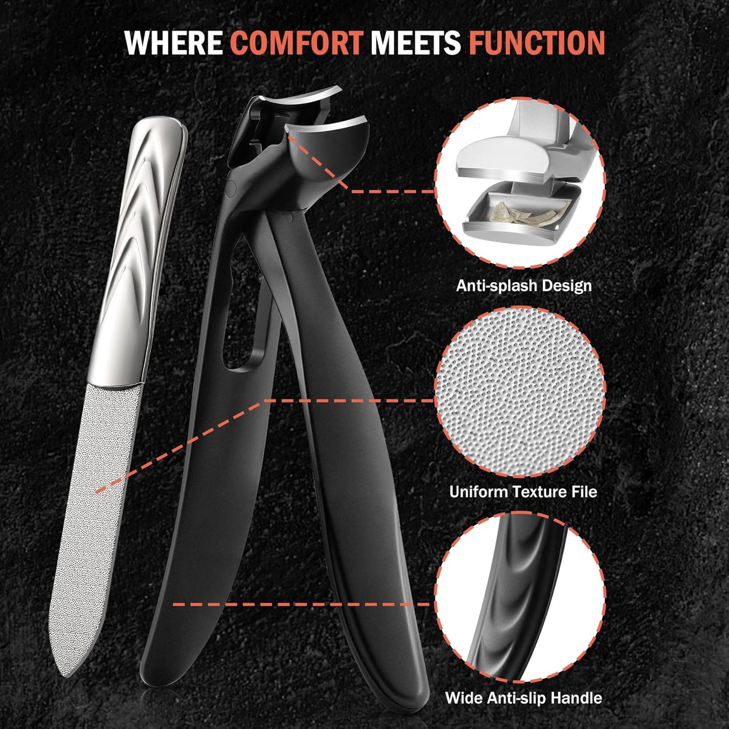 BEZOX Ergonomic Angled Head Senior Toenail Clipper for Thick and Ingrown Nails - Large Finger Nail Clippers Adult with Metal Nail File, Premium Nail Cutter Trimmer for Men and Women - Black