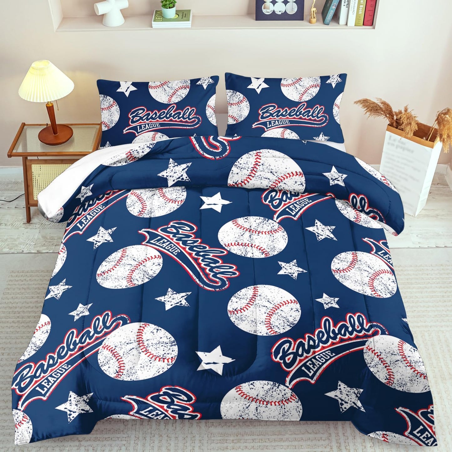 Baseball Comforter Set Full,Sports Bedding Sets for Boys,Blue Sports Comforter Full Bedroom Decor,Baseball Bedding Teen for All Seasons,Blue Quilt Kids Bedroom Decor