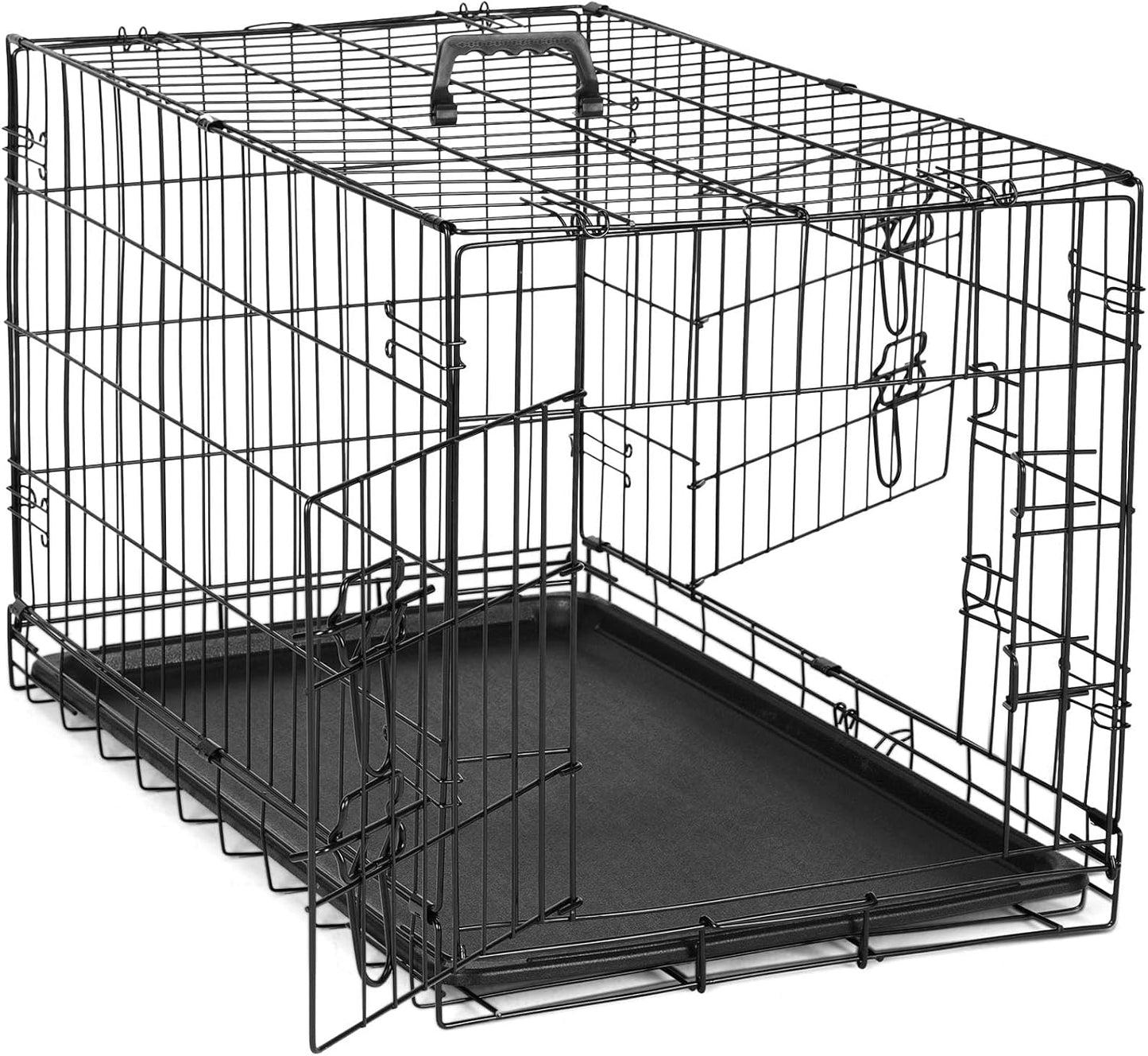 DUMOS Dog Crate with Double Doors, Metal Foldable Pet Cage with Divider Panel and Removable Tray, Portable Large Kennel for Outdoor Indoor with Handle, Black, 42 Inch