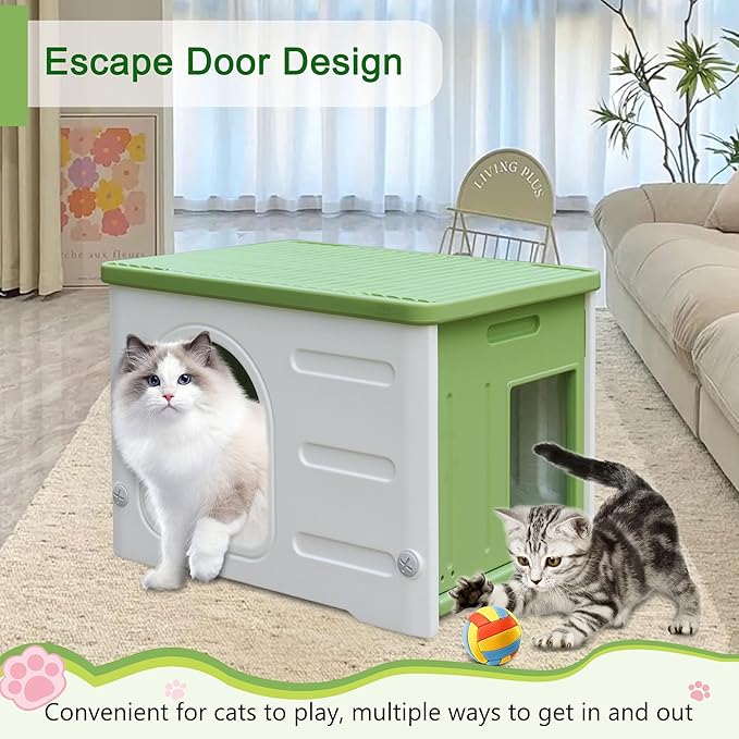 Rockever Plastic Cat House Outdoor with Escape Door, Waterproof Feral Cat House Outdoor Indoor, Sturdy Cat House for Outdoor Cats with Cat Bed Mat, Assemble Easily-Green