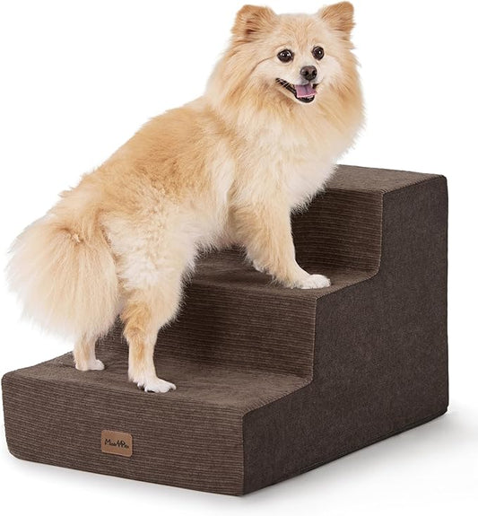 Made4Pets Dog Stairs for Small Dogs, Extra Wide Dog Steps for Bed Couch Sofa and Chair, 35D Foam Pet Steps for Small Dogs and Cats, Non-Slip Bottom Pet Stairs, Brown, 3 Steps