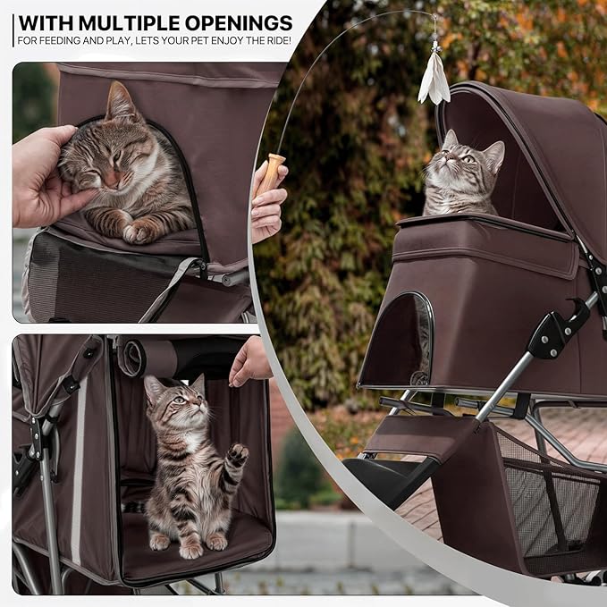 MoNiBloom Foldable Dog Strollers for Small Dogs with Weather Cover, 3 Wheels Pet Strolling Cart for Dogs and Cats with Storage Basket and Cup Holder, Breathable and Visible Mesh for All-Season, Coffee