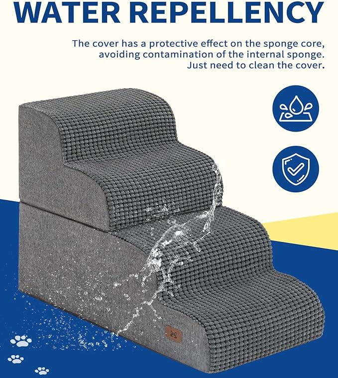 Dog Step for Bed, Dog Stair 3-Step 35D Pet Stair 15.7" H for High Bed or Sofa Non-Slip Balanced Pet Step Indoor, Grey