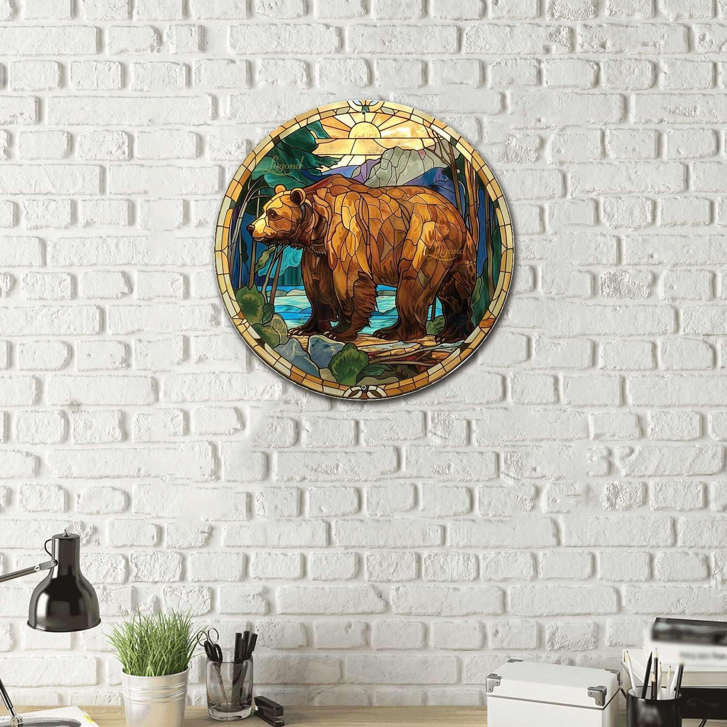 Lygond Metal Sign Tin Sign Circular Stained Glass Bear Garden Tin Signs for Bar 8×8 Inches