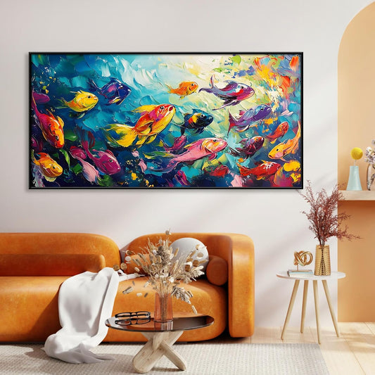 School of Fish Printed Canvas Wall Art – Framed Abstract Ocean Print – Vibrant Fish Wall Decor for Living Room, Bedroom, Office (Black Framed, 39"x19"|100x50cm)
