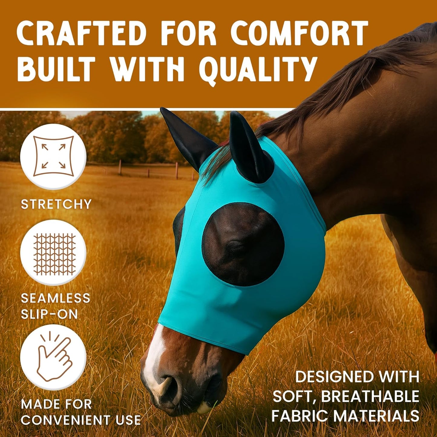 Horse Fly Mask - Arab Equine Fly Mask with Full Coverage for Eye & Ear - Stretchable, UV & Sun Protection Flymask for Horses, Ponies & Mini Horses - Horse Face Cover for Pasture & Trail - Navy