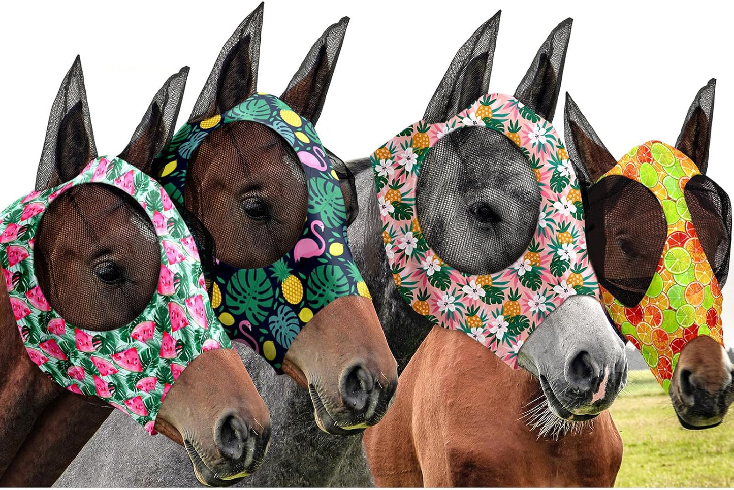 Frienda 4 Pieces Horse Fly Masks with Ears Face Covering UV Protection from Insect Pests Elasticity Smooth Comfortable Mesh Horse Mask Accessories(Fruit,Large)