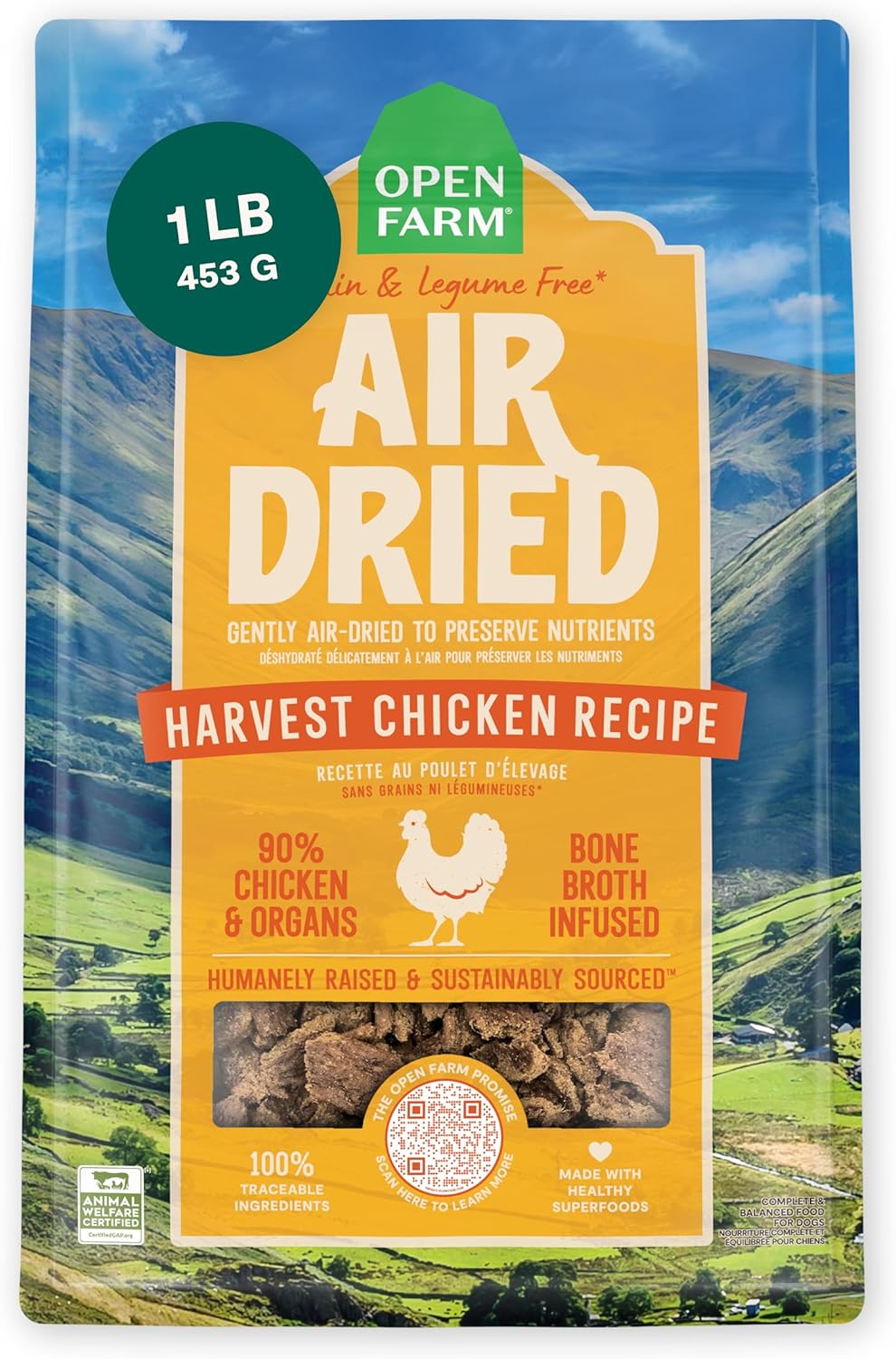 Open Farm, Air Dried Dog Food Infused with Bone Broth, Grain & Legume Free, Complete Meal or Food Topper, Harvest Chicken Recipe, 1lb Bag