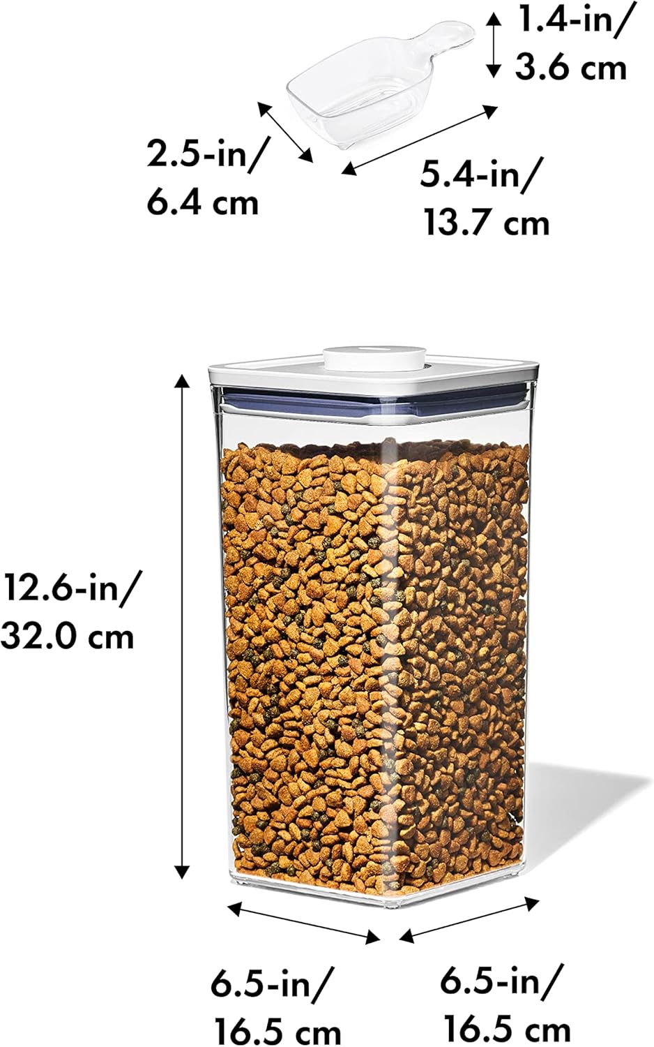 OXO Good Grips Pet POP Container – 6.0 Qt/5.7 L with Half Scoop, Ideal for up to 6.5lbs of Dog Food or 4.5lbs of Cat Food, Airtight Dog and Cat Food Storage Container, BPA Free, Clear