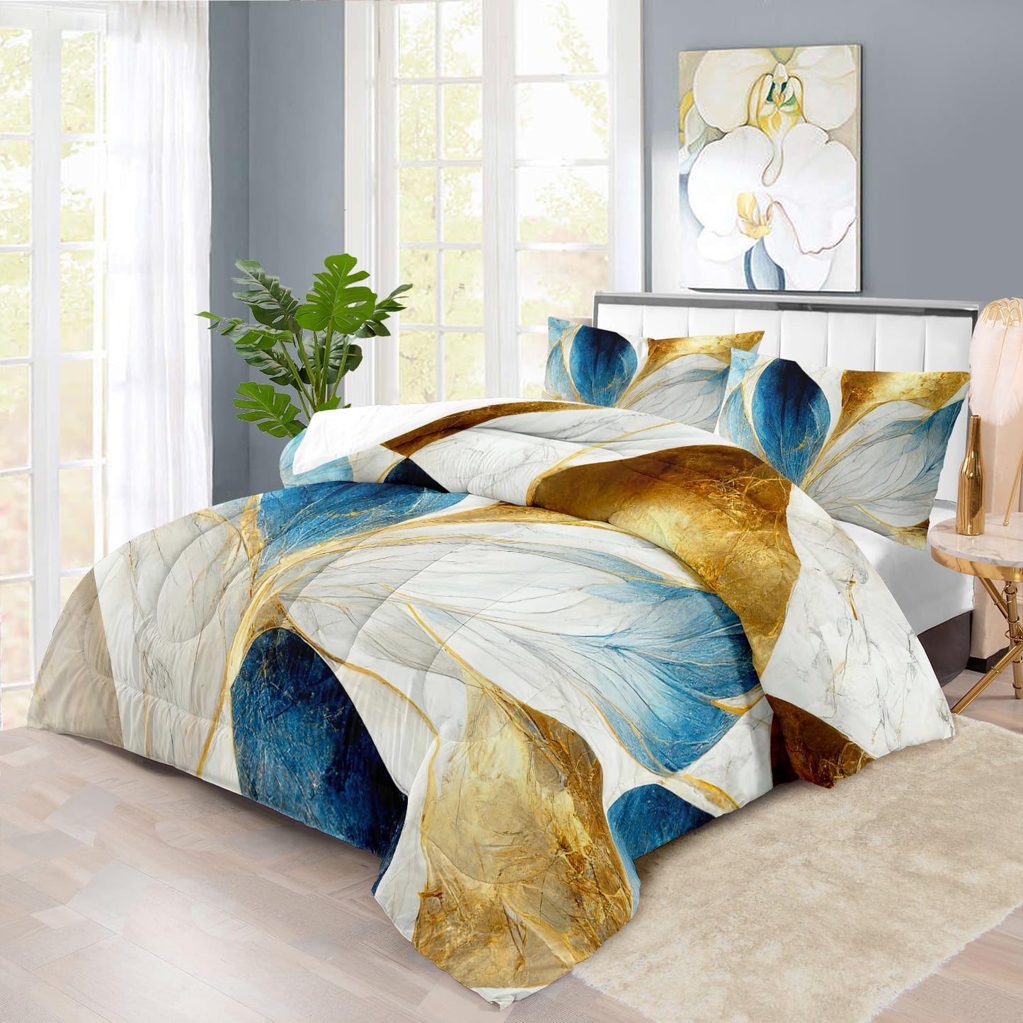 Vintage Floral Comforter Set Twin Size Women,Marble Flower Bedding Set Twin,Marble Blue Flower Bed Comforter,Blue and Gold Floral Quilt Bedroom Decor for Kids and Adults