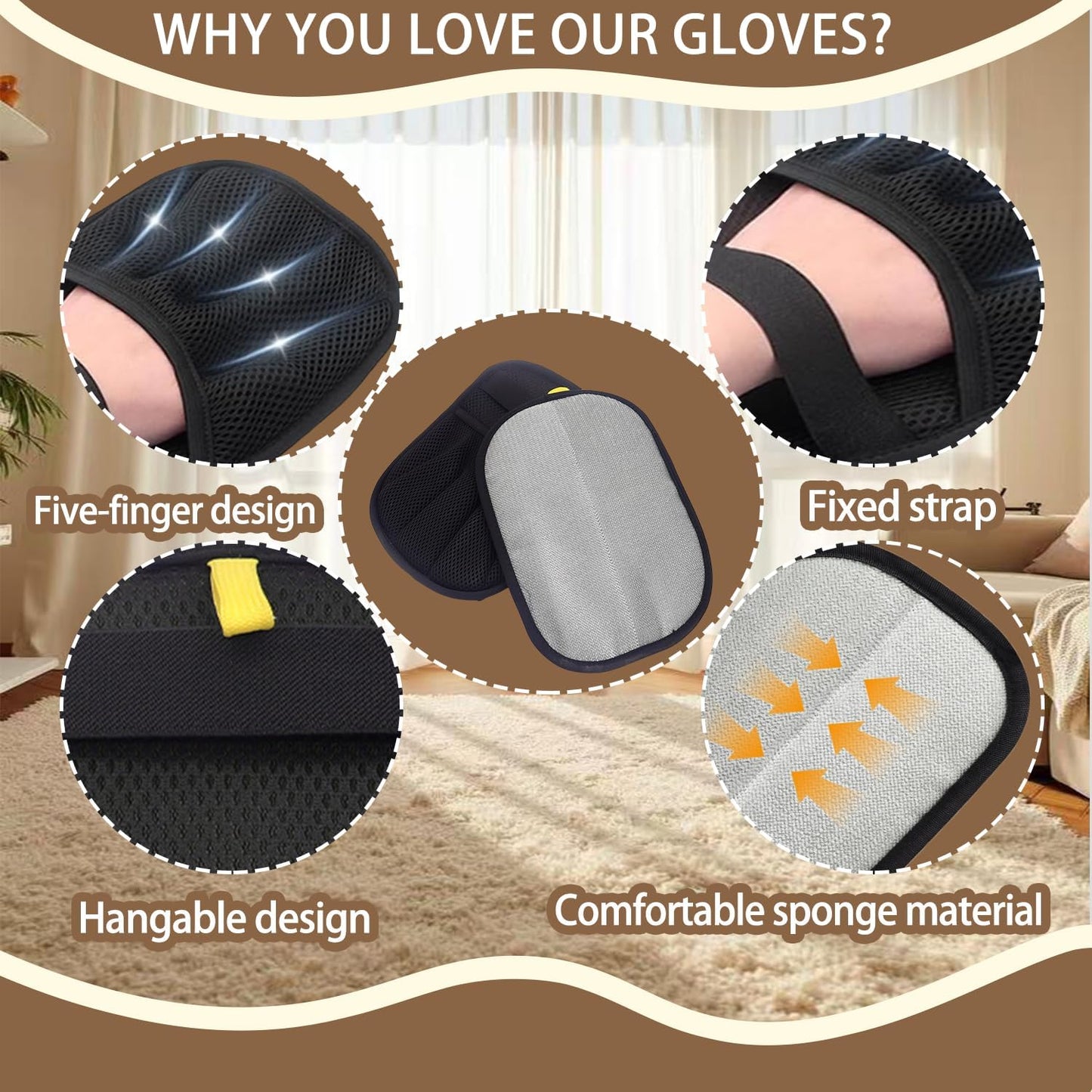 Upgraded Pet Hair Remover Glove - Reusable Electrostatic Five-Finger Gloves for Cat/Dog Hair Removal on Furniture, Carpet & Clothes