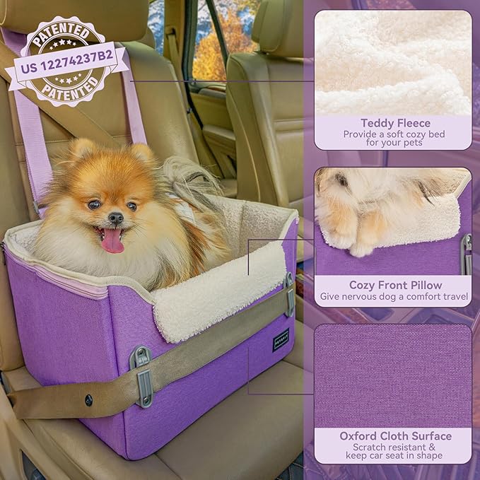 PETSFIT Small Dog Car Seat, Patent Safe Buckles Dog Booster Car Seat, Dogs Carseat with Safety Belt, Suitable for Small Pets Up to 25lbs (Purple)