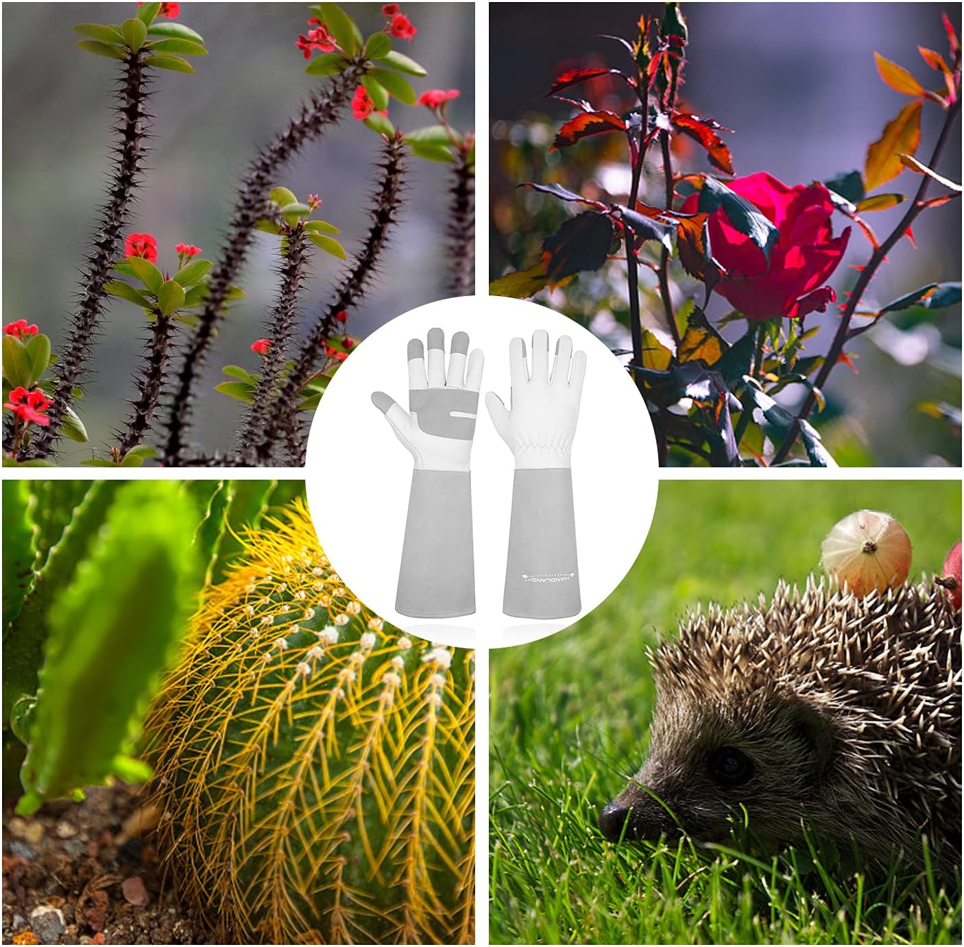 HANDLANDY Long Gardening Gloves for Men & Women, Thorn Proof Rose Pruning Gloves Leather Gauntlets Garden Glove Yard Work Glove (Large, Grey)