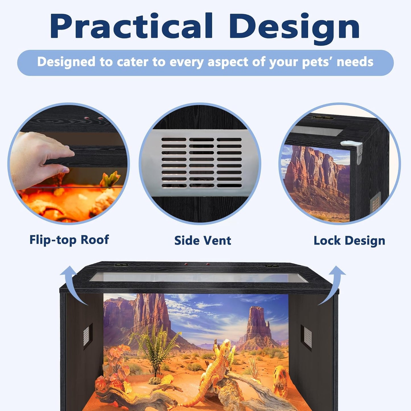 Prolee Reptile Terrarium, Lizard Tank Up to 68 Gallons, Bearded Dragon Tank with Roof Door, Snake Tank with Built-in Lamp Fixture and Switch, with Leg Stand (Black, 21 Gallons, 24" Length)