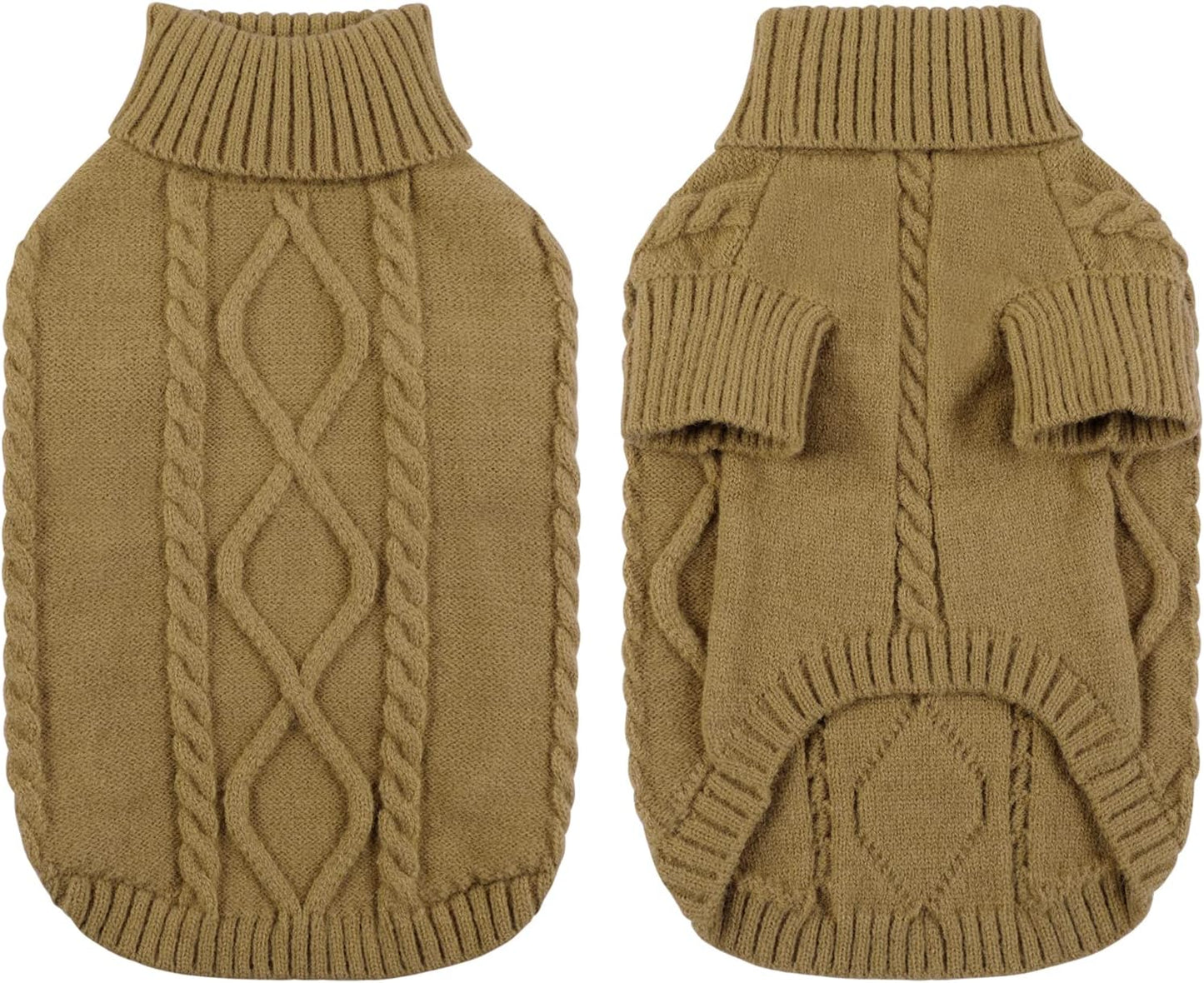 Queenmore Small Dog Pullover Sweater, Cold Weather Cable Knitwear, Classic Turtleneck Thick Warm Clothes for Chihuahua, Bulldog, Dachshund, Pug (Light Brown, Large)