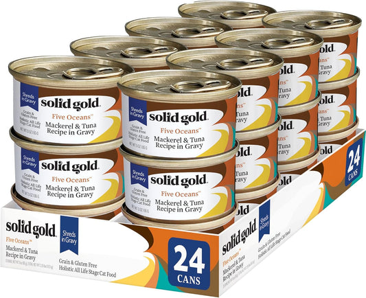Solid Gold Five Oceans Holistic Grain Free Wet Cat Food, Mackeral & Tuna in Gravy, All Life Stages, 3oz Can, 24 Count (Packaging May Vary)