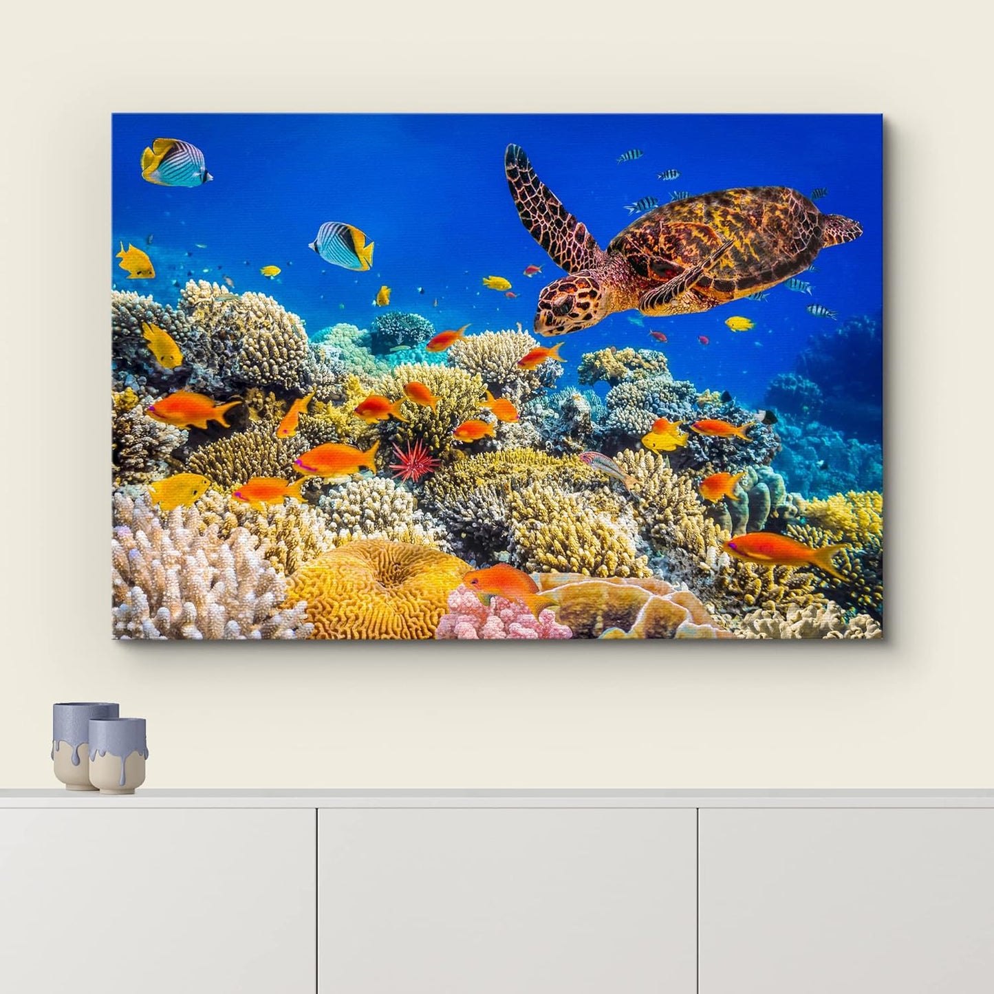 wall26 Canvas Print Wall Art Neon Coral Reef Blue Hippo Tang Fish Turtle Nature Animals Photography Realism Rustic Scenic Landscape Wilderness Colorful for Living Room, Bedroom, Office - 16"x24"