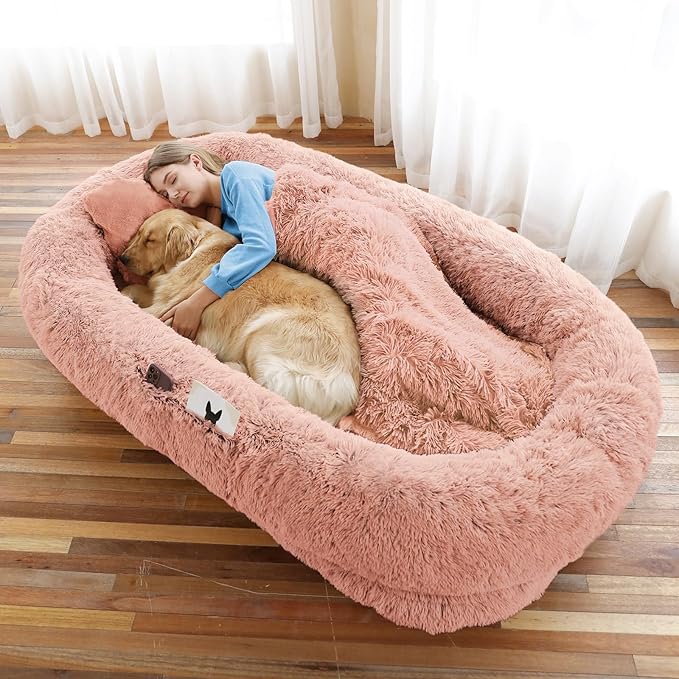 Human Dog Bed, 71''x45''x12'' Size Fits You and Pets, Washable Faux Fur Pet Bed for People Doze Off, Napping Orthopedic Dog Bed, Present Plump Pillow, Blanket, Strap - Pink