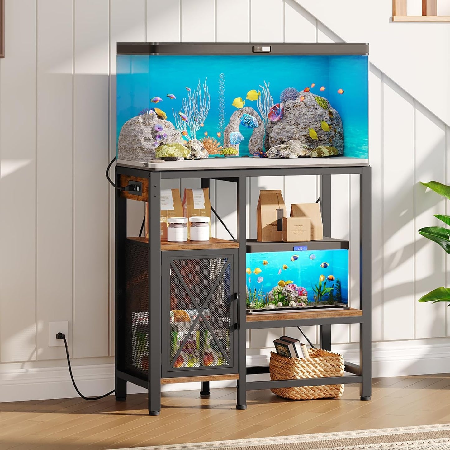 20-37 Gallon Fish Tank Stand, Aquarium Stand with Power Outlet and Storage Cabinet, Heavy Duty Tank Stand Suitable for Turtle Tank, Reptile Terrarium, for Home Office, Rustic Brown FTHR40E01