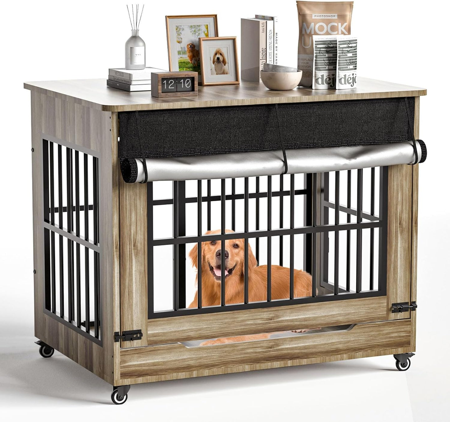 42" Large Dog Crate Furniture, Double Door Wooden Indoor Dog Kennel Furniture, Decorative Pet Cage End Table with Wheels for Large Breed Dogs, Size XL, Rustic Brown