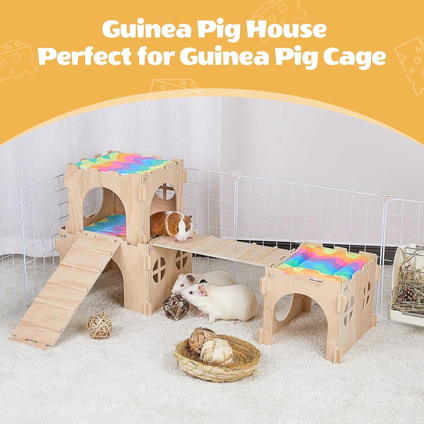 Guinea Pig Hideout, Guinea Pigs House with Stairs and Mats Extra Large Guinea Piggy Castle Detachable Hideouts for Small Animals Wooden Guinea Pig Habitats with Multiple Doors and Windows