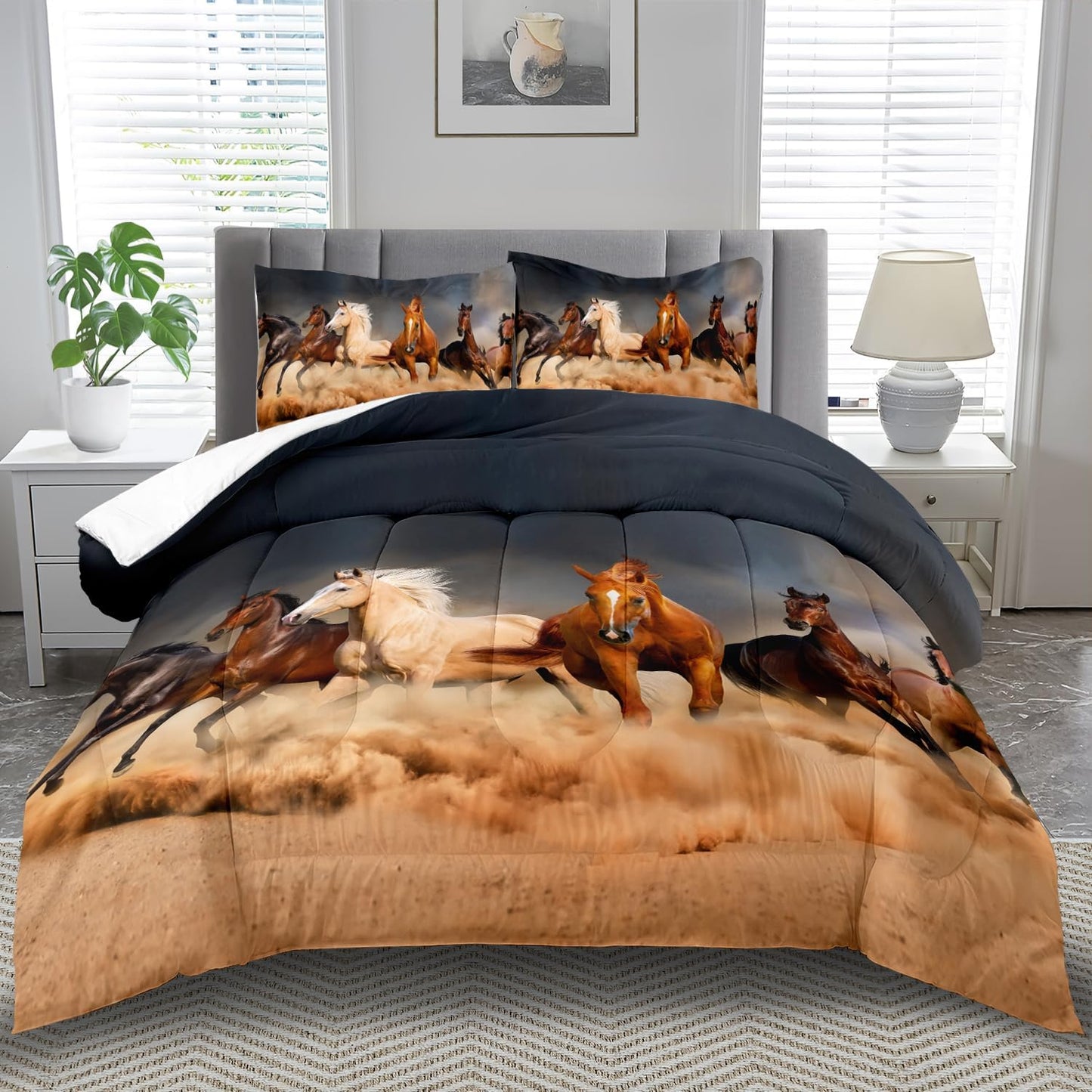 Western Horse Comforter Set King for Boys,Brown Western Cowboy Bedding Sets King Size, Farm Style Animal Horse Quilt for Boys, Southwestern Farmhouse Home Cowgirl Comforter Bedroom Decor
