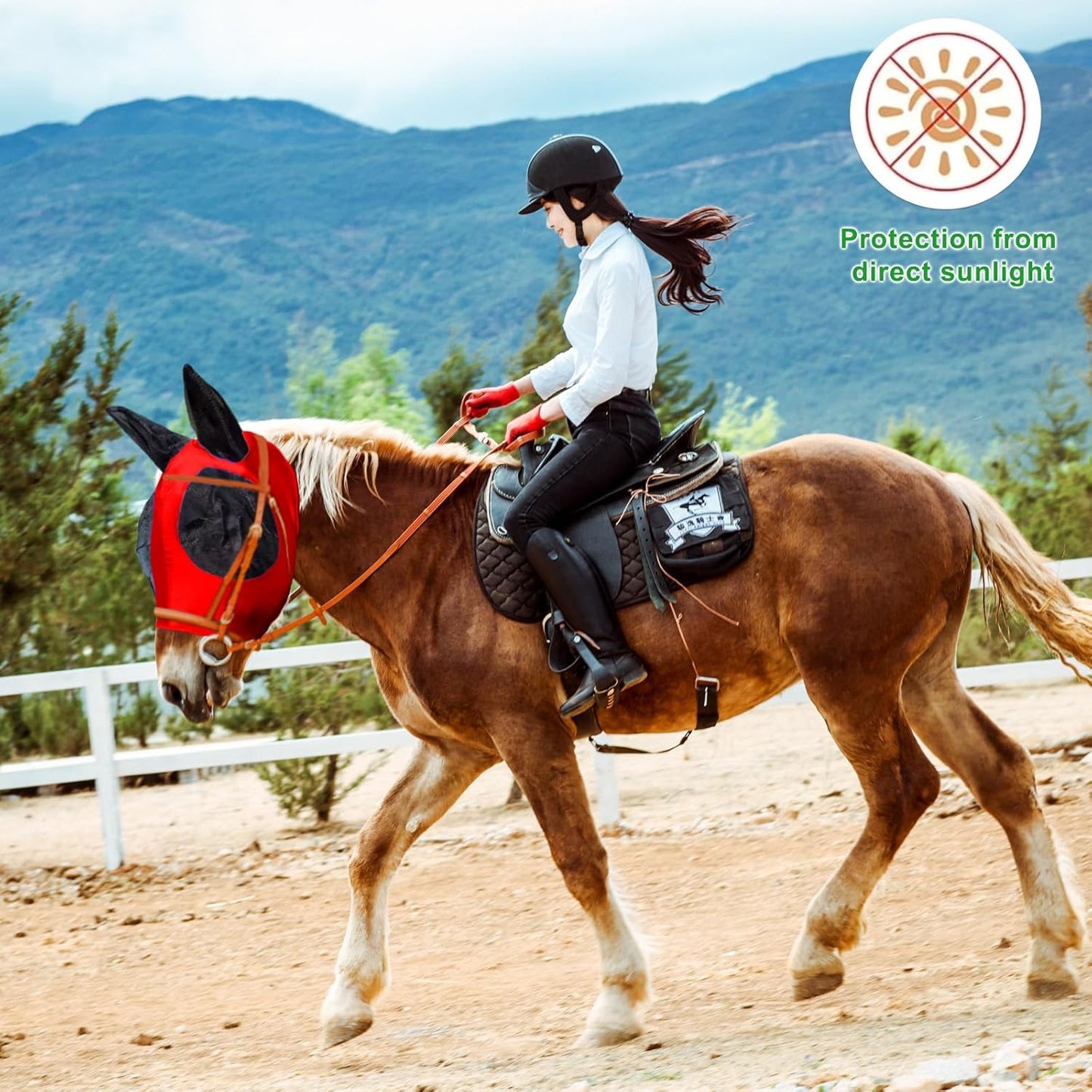 Horse Fly Mask with Ears, Comfortable Fit Stretch Fabric with UV Protection Soft on Skin Breathability for Small/Medium Size Horses (Red)