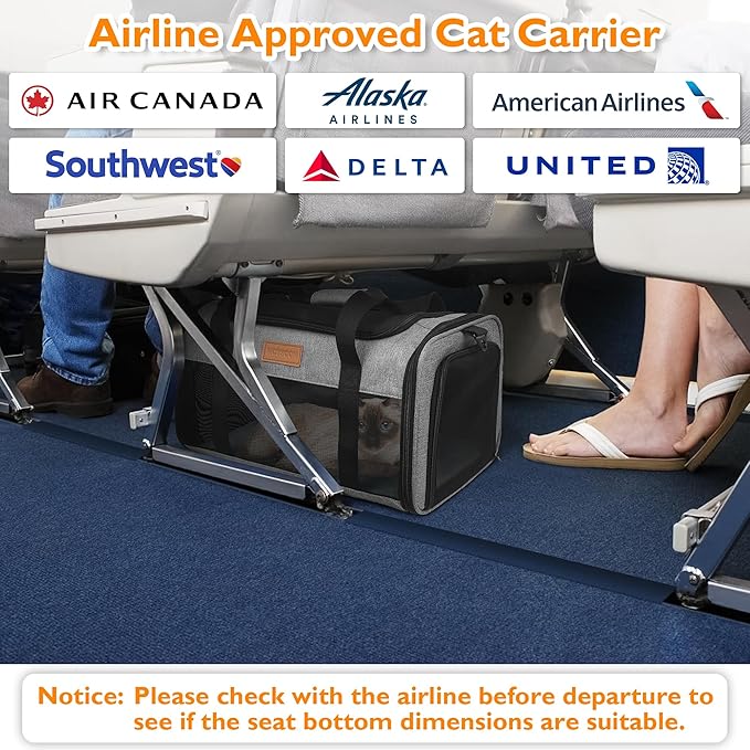 PETUX TSA Approved Pet Carrier in Cabin, 17"x11"x9.5" Soft Cat Carriers for Small Cat up to 12 lb and Puppy up to 10 lb, Top Open Portable Pet Carrier Airline Approved for Travel and Vet Visit (Grey)
