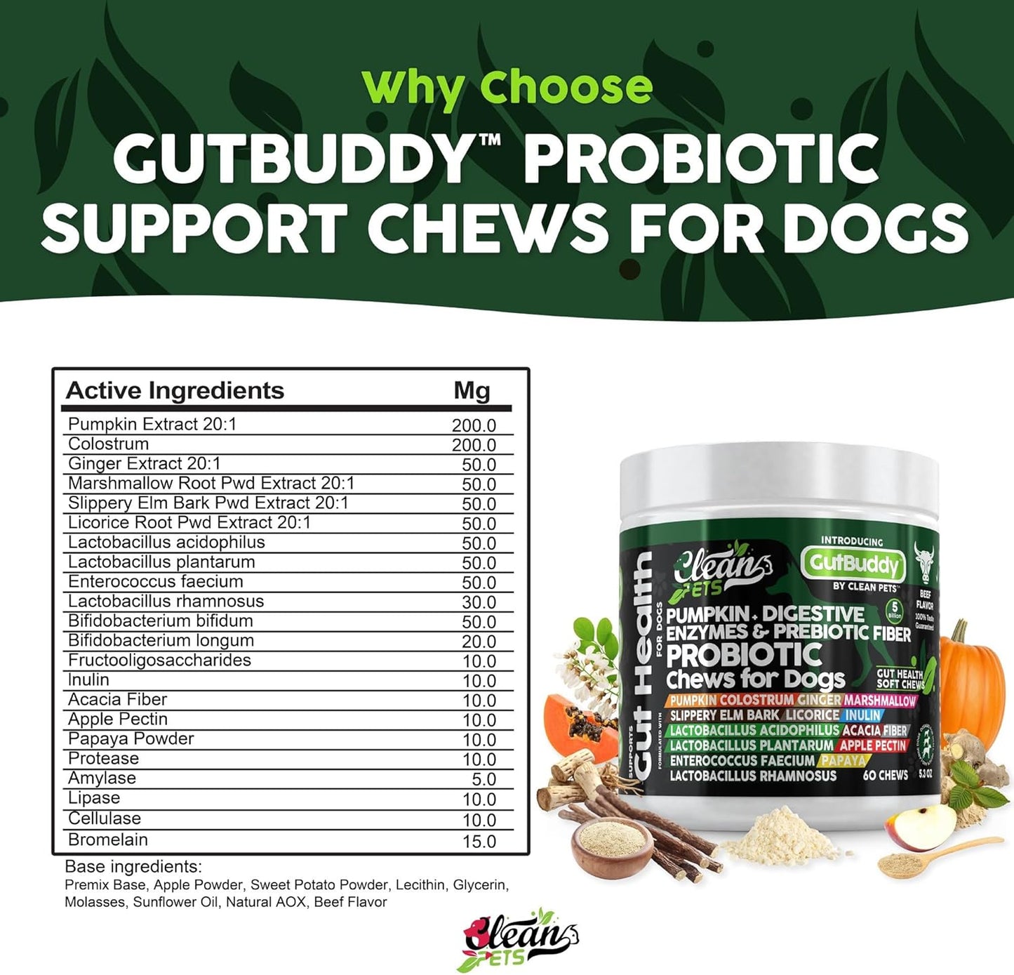 Probiotics for Dogs with Pumpkin, Colostrum, Digestive Enzymes, Ginger, Slippery Elm, Licorice, Inulin Fiber & More | Beef Flavor Soft Chews for Gut Health and Digestion Dog Supplement