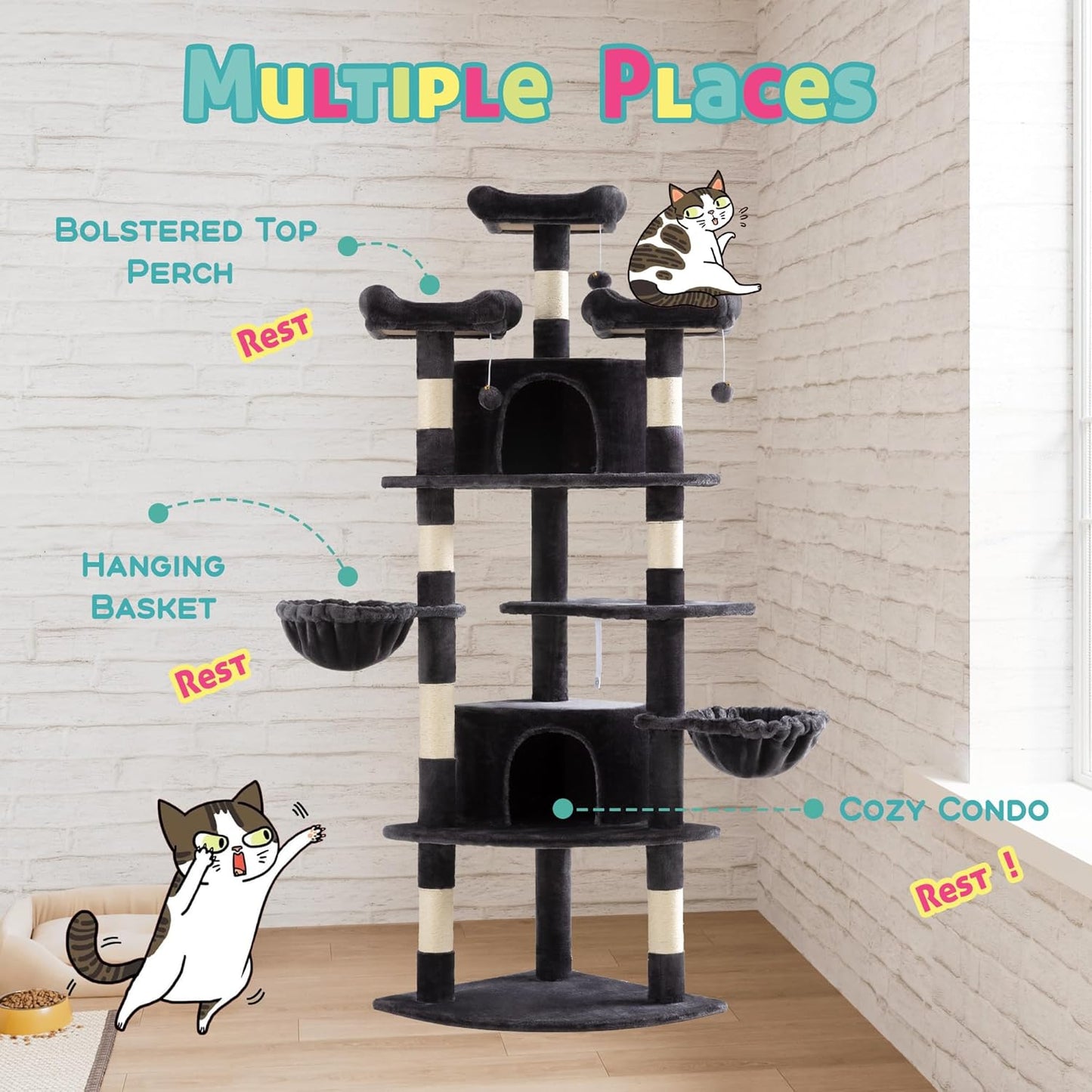 SHA CERLIN 73in Fan-Shaped Corner Cat Tower for Save Space/Multi-Level Tall Cat Tree for Indoor Kitties/Condo with Baskets/Cozy Perches/Sisal Scratching Posts/Pet Activity House/Dark Grey