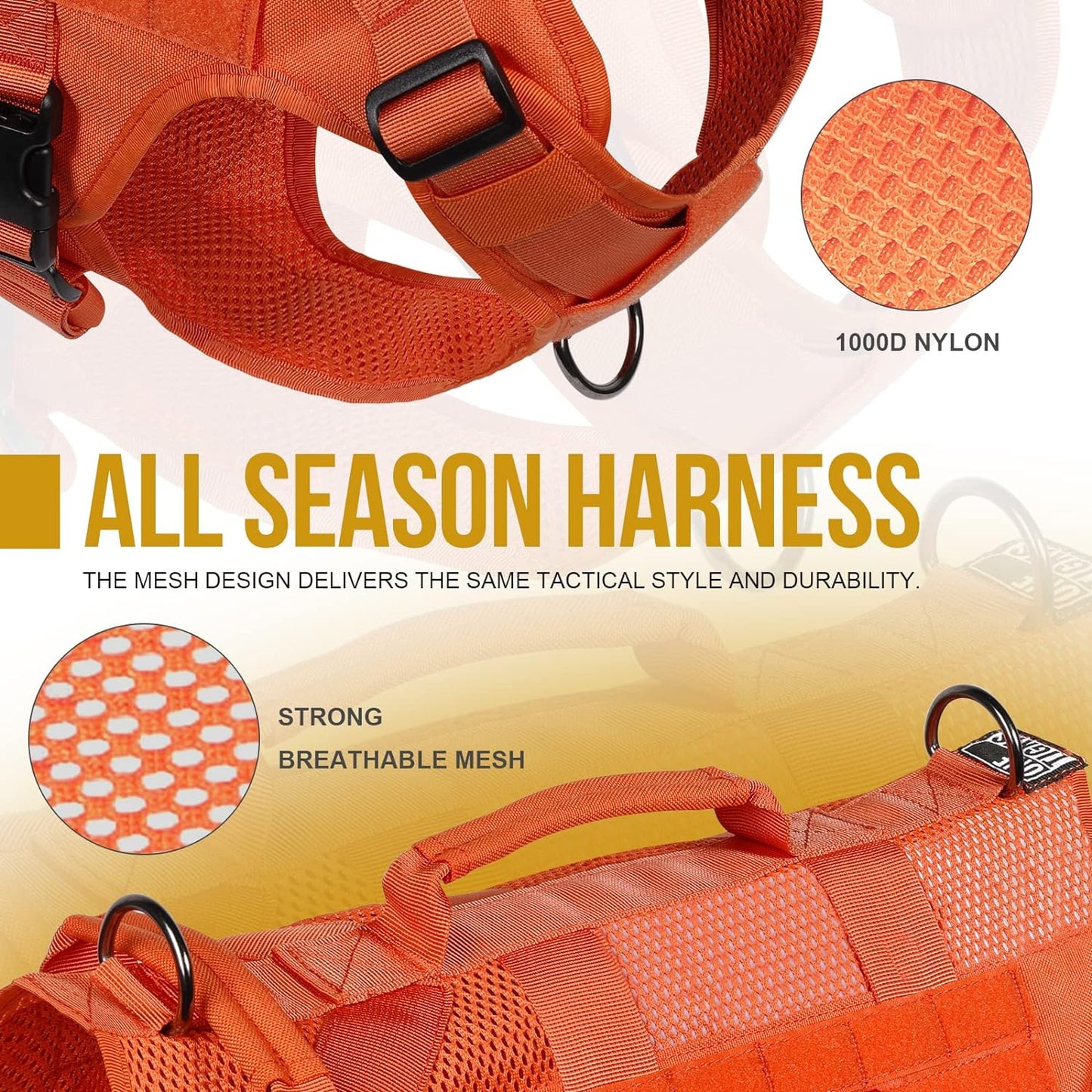 OneTigris Mesh Design Tactical No Pull Dog Harness for Large Dogs, Breathable Service Dog Vest Harness with Handle, Military Dogs Vest with Molle Panels for Walking Hiking (Orange, X-Large)