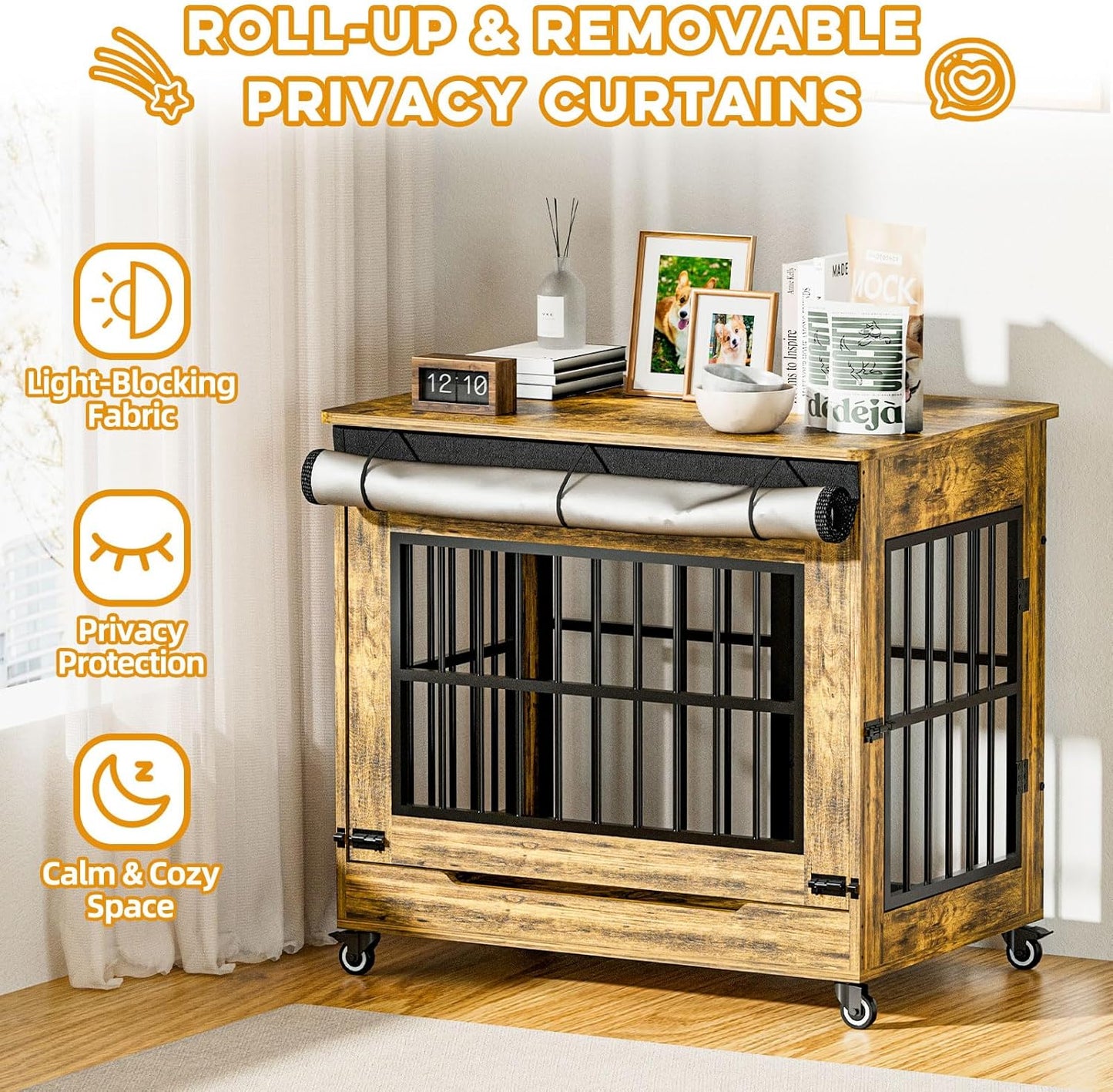32" Dog Crate Furniture, Double Door Wooden Indoor Dog Kennel Furniture, Decorative Pet Cage End Table with Wheels for Medium and Small Breed Dogs, Size M, Rustic Brown