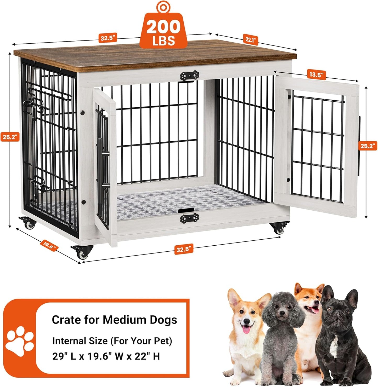 Lulive Dog Crate Furniture for Medium Dogs, 32'' Dog Kennel Indoor with Cushion & Wheels Wooden Dog Cage Double Doors Dog Crate End Table, White