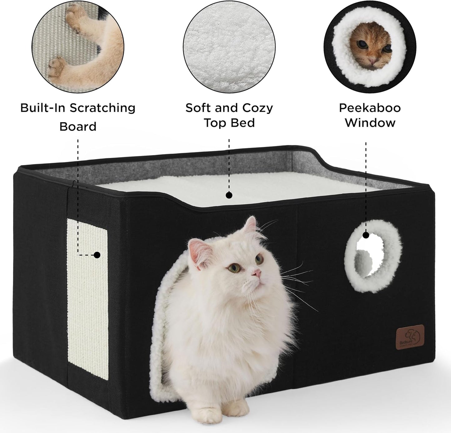 Bedsure Large Cat Beds for Indoor Cats - Extra Wide Cat Cube House for Small Pet with Fluffy Ball Hanging and Scratch Pad, Foldable Pet Cave Hideaway for Multiple Cats, 23.6x16.9x13 inches, Black